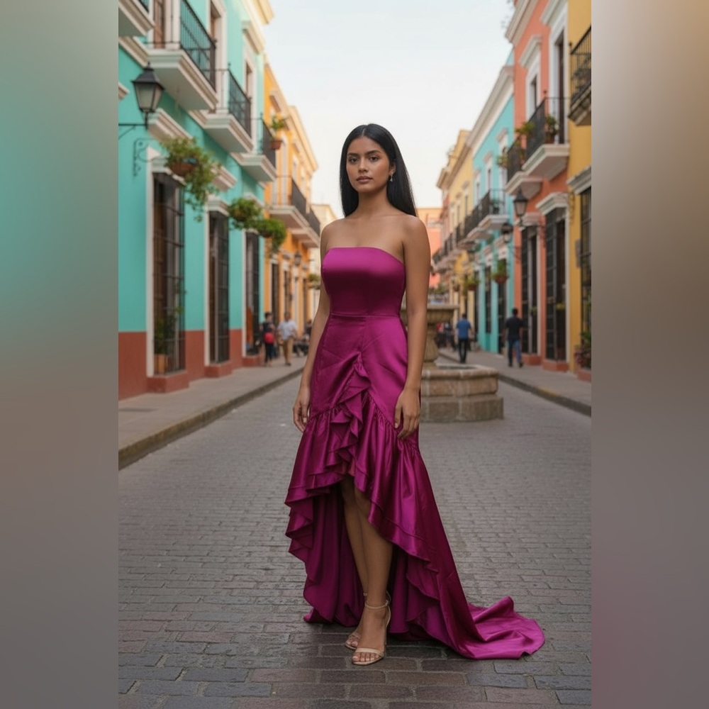 Strapless Magenta Satin Dress